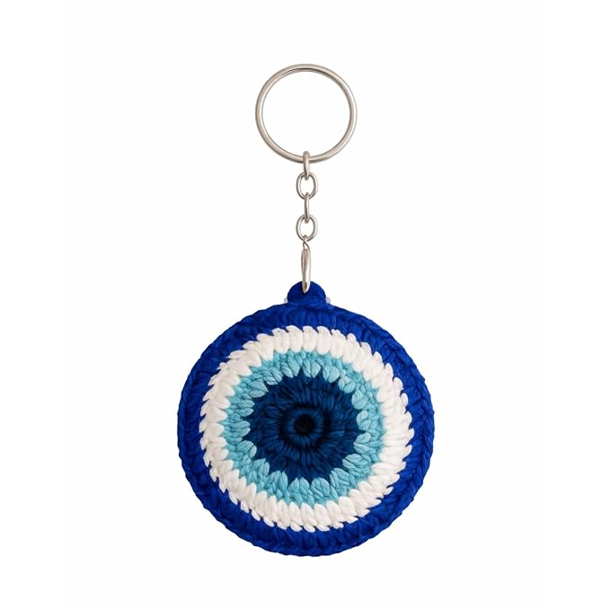 Crocheted Evil Eye Keychain, Blue and White Protection Charm, 3 Inches Diameter