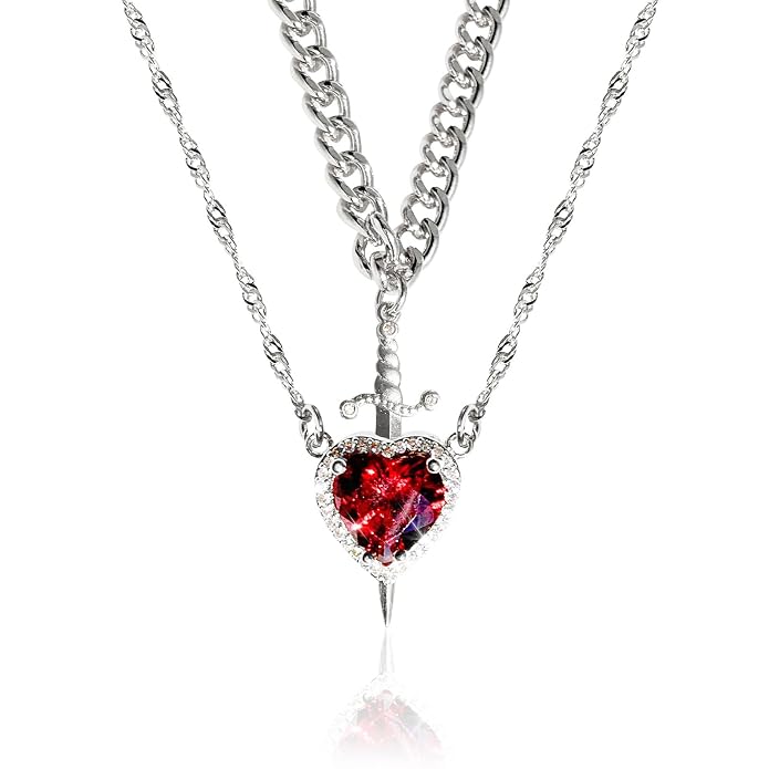A romantic heart and sword necklace set, perfect for couples and best friends.