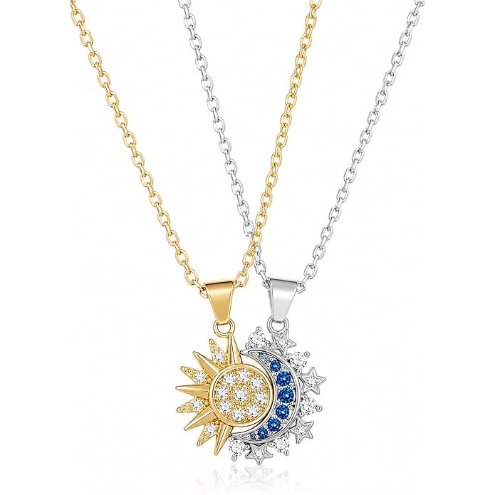 Sun & Moon Couple Necklaces – Matching Rhinestone Pendant Set