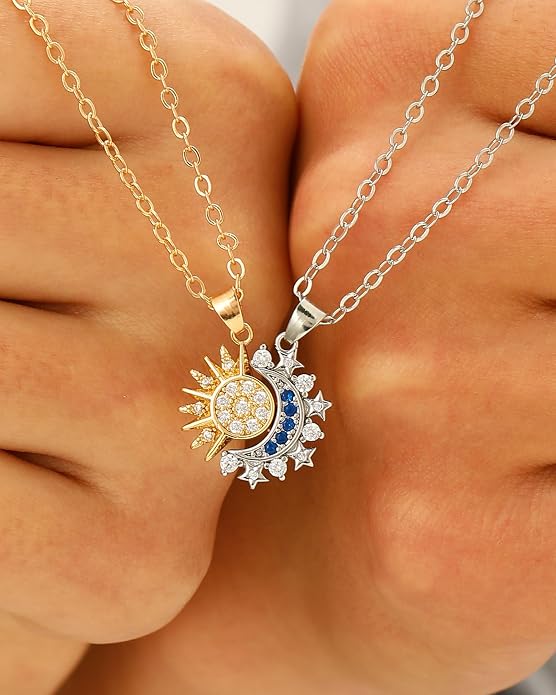 Sun & Moon Couple Necklaces – Matching Rhinestone Pendant Set