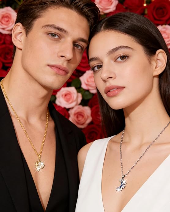 Sun & Moon Couple Necklaces – Matching Rhinestone Pendant Set