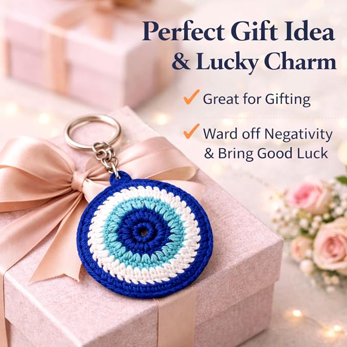 Crocheted Evil Eye Keychain, Blue and White Protection Charm, 3 Inches Diameter