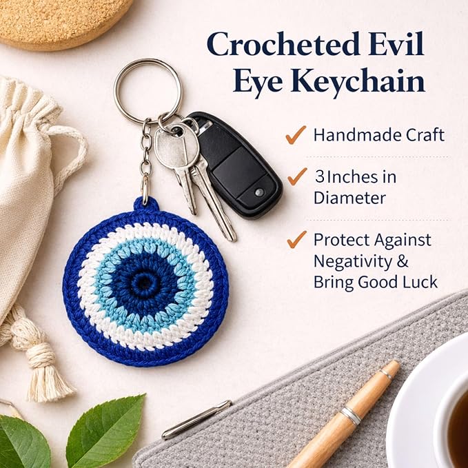 Crocheted Evil Eye Keychain, Blue and White Protection Charm, 3 Inches Diameter
