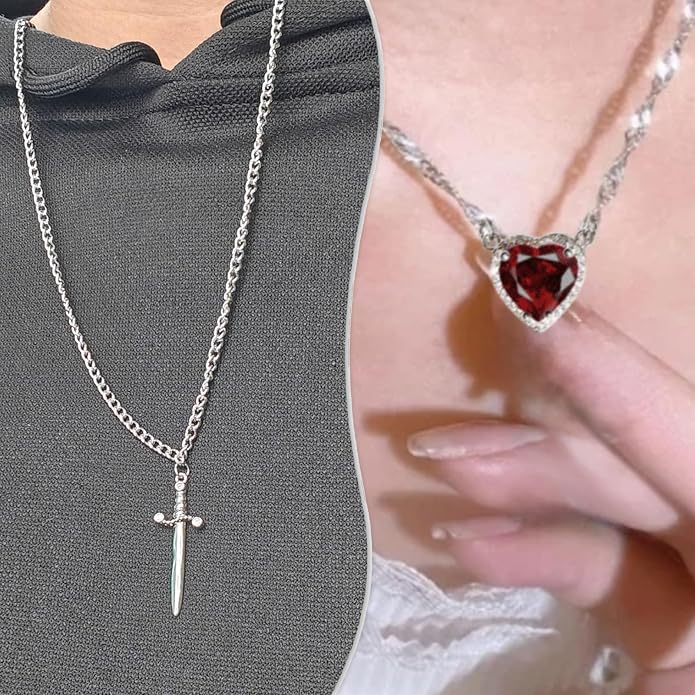 A romantic heart and sword necklace set, perfect for couples and best friends.