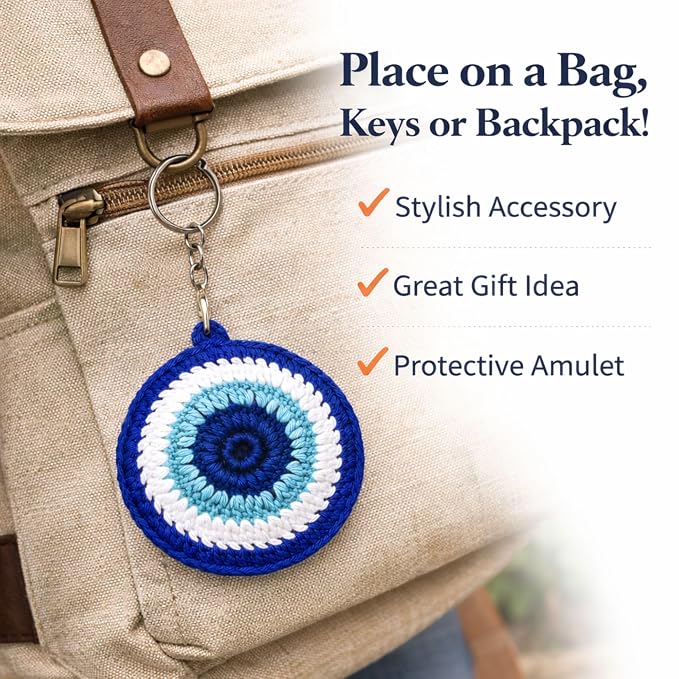 Crocheted Evil Eye Keychain, Blue and White Protection Charm, 3 Inches Diameter