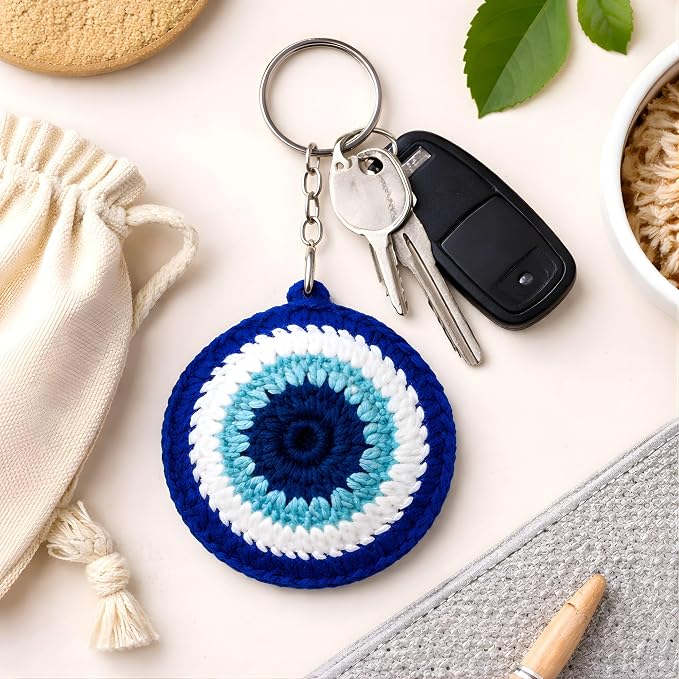 Crocheted Evil Eye Keychain, Blue and White Protection Charm, 3 Inches Diameter