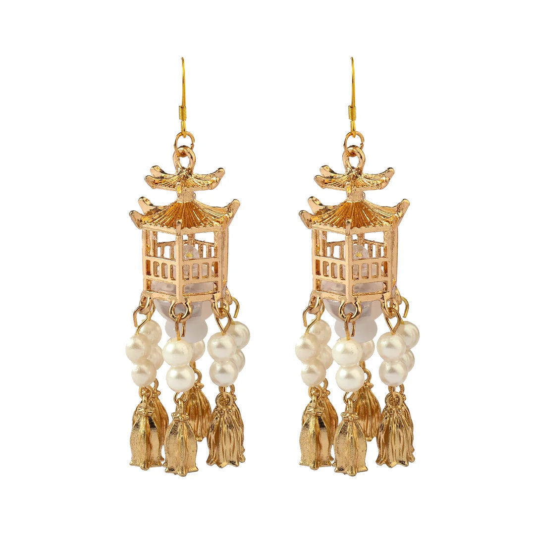 Traditional Gold Lantern Pearl Tassel Jhumka Earrings – Elegant Festive & Wedding Wear