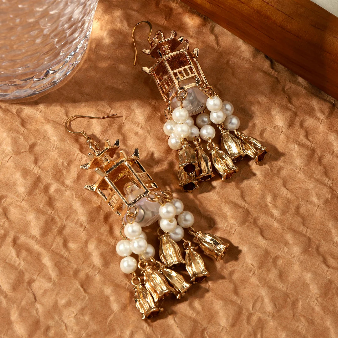 Traditional Gold Lantern Pearl Tassel Jhumka Earrings – Elegant Festive & Wedding Wear