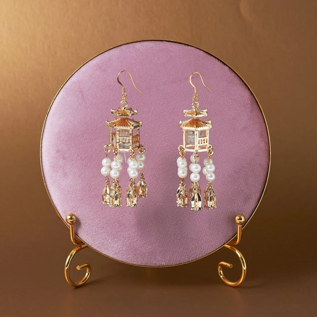 Traditional Gold Lantern Pearl Tassel Jhumka Earrings – Elegant Festive & Wedding Wear