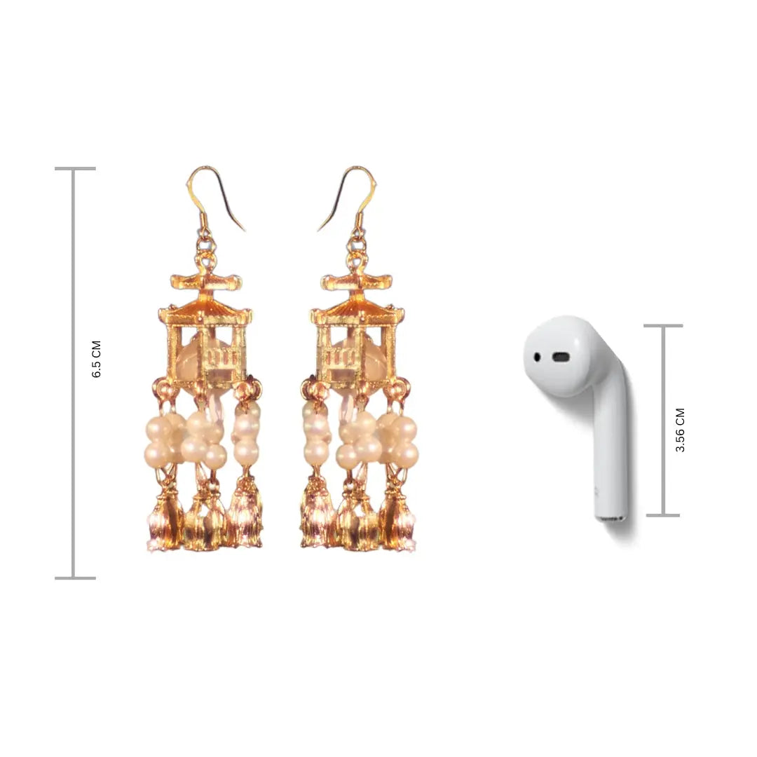 Traditional Gold Lantern Pearl Tassel Jhumka Earrings – Elegant Festive & Wedding Wear