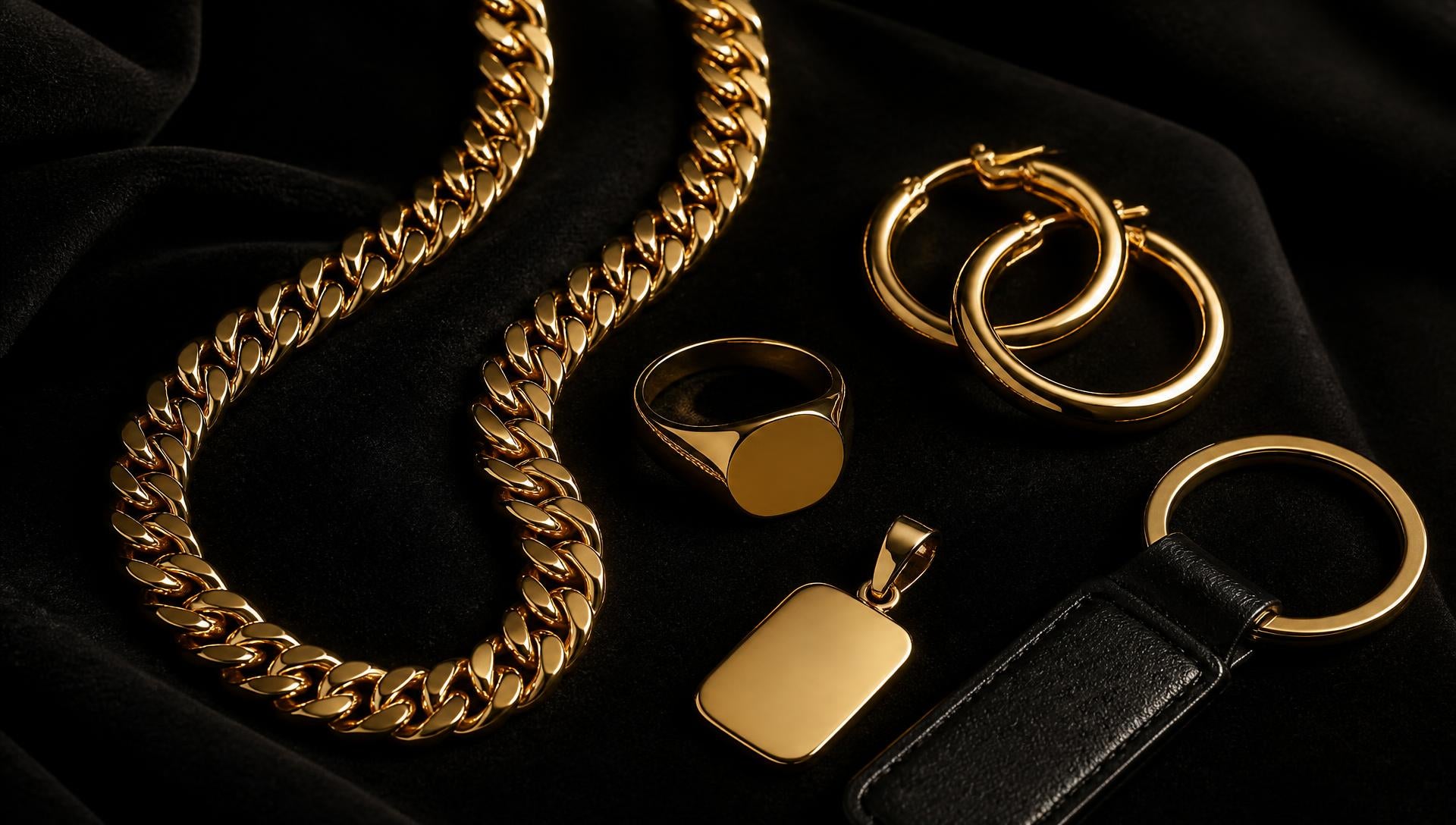Gold-tone chain, ring, hoop earrings and keychain on black velvet
