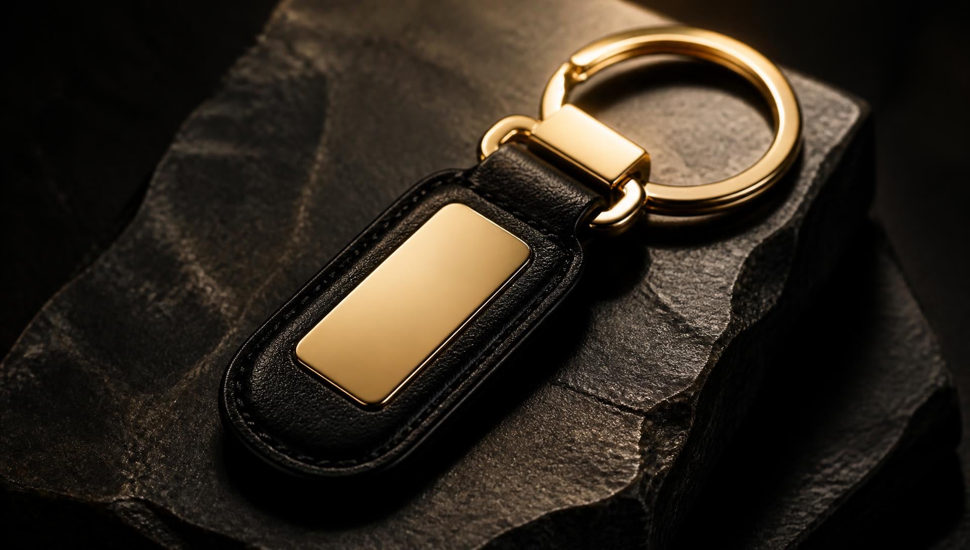 Black leather keychain with gold hardware on dark stone
